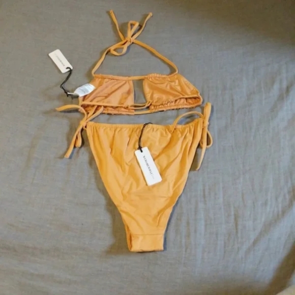 WeWoreWhat Ruched Bandeau Top High Leg Tie Side Bikini Bottoms Gold - Picture 7 of 8